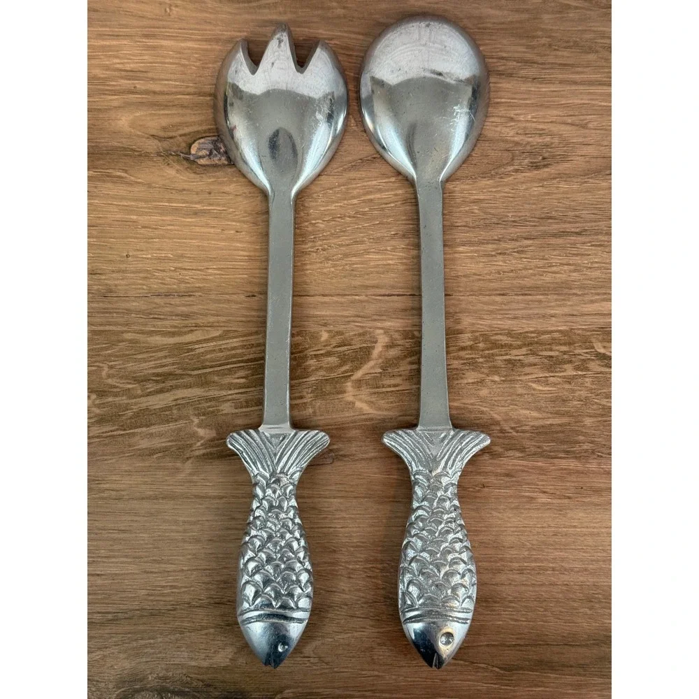 Vintage Metal Fish Handled Salad Serving Set w/Fork and Spoon 12